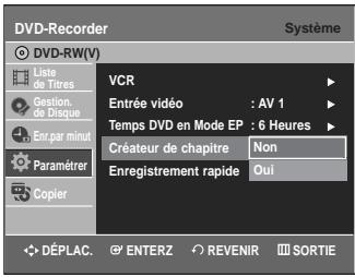 DVD-Recorder Système DVD-RW(V) Liste de Titres Gestion, de Disque Enr.par minut Paramétrer Copier VCR Entrée vidéo : AV 1 Temps DVD en Mode EP : 6 Heures Créateur de chapitre Non Enregistrement rapide Oui DéPLAC. ENTERZ REVENIR SORTIE
