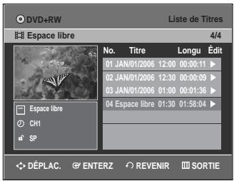 DVD+RW Liste de Titres Espace libre 4/4 No. Titre Longu Édit 01 JAN/01/2006 12:00 00:00:11 ▶ 02 JAN/01/2006 12:30 00:00:09 ▶ 03 JAN/01/2006 01:00 00:01:36 ▶ 04 Espace libre 01:30 01:58:04 ▶ DH SP DéPLAC. ENTERZ REVENIR SORTIE