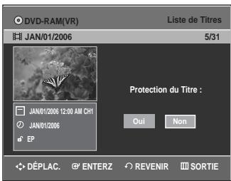 DVD-RAM(VR) LISTe de Titres JAN/01/2006 5/31 JAN/01/2006 12:00 AM CH1 JAN/01/2006 EP Protection du Titre : Oui Non DéPLAC. ENTERZ REVENIR SORTIE