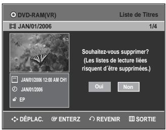 DVD-RAM(VR) Liste de Titres JAN/01/2006 1/4 JAN/01/2006 12:00 AM CH1 JAN/01/2006 EP Souhaitez-vous supprimer? (Les listes de lecture liées risquent d'être supprimées.) Oui Non DéPLAC. ENTERZ REVENIR SORTIE
