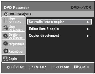 DVD-Recorder DVD->VCR DVD-RAM(VR) Liste de Titres Liste de Lecture Gestion, de Disque En par minut Paramétrer Copier Nouvelle liste à copier Editor liste à copier Copier directement DéPLAC. ENTERZ REVENIR SORTIE