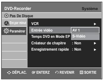 DVD-Recorder Système Pas De Disque En par minut VCR Entrée vidéo AV 1 Paramétrer Temps DVD en Mode EP S-Vidéo Créateur de chapitre : Non Enregistrement rapide : Non DéPLAC. ENTERZ REVENIR SORTIE