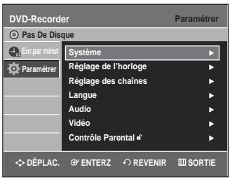 DVD-Recorder Pas De Disque Err.par minut Paramétrer Système Réglage de l'horloge Réglage des chaînes Langue Audio Vidéo Contrôle Parental DéPLAC. ENTERZ REVENIR SORTIE