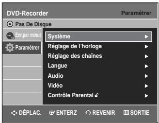 DVD-Recorder Pas De Disque En par minut Paramétrer Système Réglage de l'horloge Réglage des chaînes Langue Audio Vidéo Contrôle Parental DéPLAC. ENTERZ REVENIR SORTIE