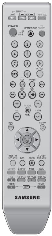 SELECT VIEW INPUT SEL... TV DVD VORN POWER OPEN-CLOSE TV POWER 1 2 3 4 5 6 7 8 9 10+ 0 SHIP MANNER STOP PLAY + + VOI AUTO AUDIO MENU RETURN ENTER TITLE LIST DRC MEAD INFO CANCEL PLAY LIST TITLE MENU ANYKEY SUBTITLE ANGLE ZOOM REC REC SPEED REC PAUSE TIMER REC TEN TING 100W TO VOUT SAMSUNG
