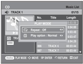 CD TRACK 1 Music List 01/15 No. Title Length PLAY MODE 0:03:50 Repeat : Off 0:04:00 Play option : Normal 0:03:49 006 TRACK 6 00:03:44 007 TRACK 7 00:03:44 Anykey PLAY MODE MOV ENTER RETURN EXIT