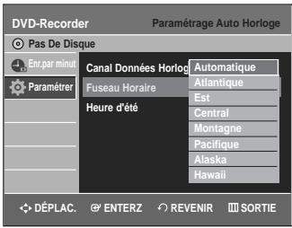 DVD-Recorder Pas De Disque Env.par minut Paramétrer Canal Données Horlog Fuseau Horaire Heure d'été Automatique Atlantique Est Central Montagne Pacifique Alaska Hawaii DéPLAC. ENTERZ REVENIR SORTIE