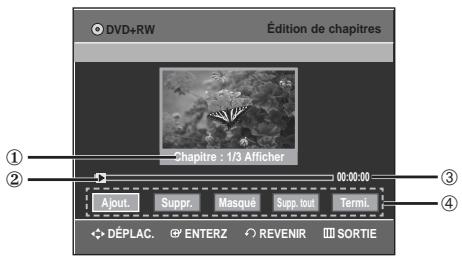 DVD+RW Édition de chapitres Chapitre : 1/3 Afficher 00:00:00 Ajout. Supp. Masqué Supp. bbl Terml. DéPLAC. ENTERZ REVENIR SORTIE