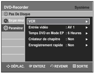 DVD-Recorder Sysème Pas De Disque VCR Entrée vidéo : AV 1 Temps DVD en Mode EP : 6 Heures Créateur de chapitre : Non Enregistrement rapide : Non DéPLAC. ENTERZ REVENIR SORTIE