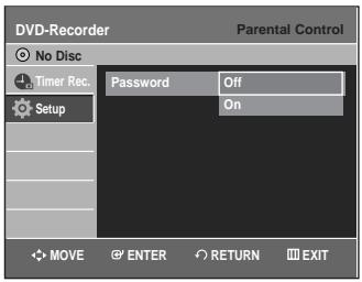 DVD-Recorder No Disc Timer Rec. Setup Password Off On MOVE ENTER RETURN EXIT