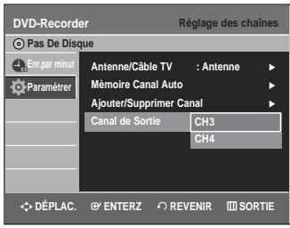 DVD-Recorder Réglage des chaînes Pas De Disque En par minut Paramétrer Antenne/Cable TV : Antenne Mémoire Canal Auto Ajouter/Supprimer Canal Canal de Sortie CH3 CH4 DéPLAC. ENTERZ REVENIR SORTIE