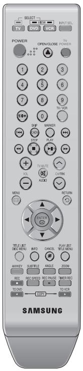 SELECT TV POWER OPEN/CLOSE 1 2 3 4 5 6 7 8 9 TH VCR 10+ + SKIP MARKER AVR STOP PLAY OFF TV OUT VOL CNTK AUDIO MENU RETURN ENTER TITLE LET ON/OFF INFO CANCEL PLAY LET TITLE MENU AVNETY EDITS NAME ASICS ZOOM REC REC-SPEED REC-RAGE TIMER REC TO DOOR TO VCR SAMSUNG