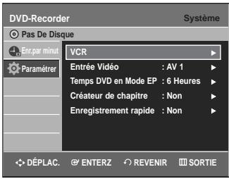 DVD-Recorder Système Pas De Disque VCR Entrée Vidéo : AV 1 Temps DVD en Mode EP : 6 Heures Créateur de chapitre : Non Enregistrement rapide : Non DéPLAC. ENTERZ REVENIR SORTIE