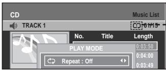 CD TRACK 1 Music List No. Title Length PLAY MODE 0:03:50 Repeat : Off 0:04:00 0:03:49