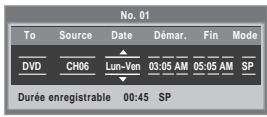 No. 01 To Source Date Démar. Fin Mode DVD CH06 Lun-Ven 03:05 AM 05:05 AM SP Durée enregistrable 00:45 SP