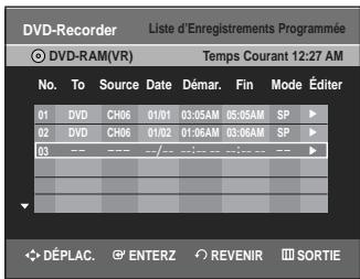 DVD-Recorder Liste d'Enregistrements Programmée DVD-RAM(VR) Temps Courant 12:27 AM No. To Source Date Démar. Fin Mode Éditer 01 DVD CH06 01/01 03:55AM 05:55AM SP ▶ 02 DVD CH06 01/02 01:56AM 03:56AM SP ▶ 03 --- --- --- --- --- --- --- DÉPLAC. ENTERZ REVENIR SORTIE