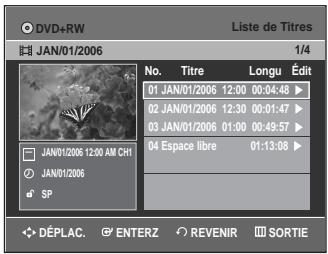 DVD+RW Liste de Titres JAN/01/2006 1/4 No. Titre Longu Édit 01 JAN/01/2006 12:00 00:04:48 ▶ 02 JAN/01/2006 12:30 00:01:47 ▶ 03 JAN/01/2006 01:00 00:49:57 ▶ 04 Espace libre 01:13:08 ▶ JAN/01/2006 12:00 AM CH1 JAN/01/2006 SP DÉPLAC. ENTERZ REVENIR SORTIE
