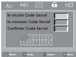 le ancien Code Secret le nouveau Code Secret Confirmer Code Secret 0 1 2 3 4 5 6 7 8 9 Move Enter Return Menu