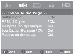 -- Option Audio Page -- Dolby Digital PCM MPEG-2 Digital PCM Compression dynamique Oui Sous Enchantillonnage PCM Oui Musique en demarrage Oui