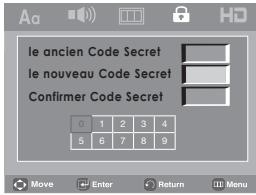 le ancien Code Secret le nouveau Code Secret Confirmer Code Secret 0 1 2 3 4 5 6 7 8 9 Move Enter Return Menu