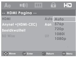 Aa HD -- HDMI Pagina -- HDMI Auto Auto Anynet +(HDMI-CEC) Aan 576p Beeldkwaliteit 720p BD Wise Uit 1080l 1080p Move Enter Return Menu