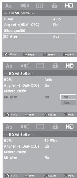 Aa -- HDMI Seite -- HDMI Auto Anynet +(HDMI-CEC) Ein Bilderqualität BD Wise Aus Move Enter Return Menu Aa -- HDMI Seite -- HDMI Auto Anynet +(HDMI-CEC) Ein Bilderqualität BD Wise Ein Ein Aus Move Enter Return ID Menu Aa -- HDMI Seite -- HDMI BD Wise Anynet +(HDMI-CEC) Ein Bilderqualität BD Wise Ein Move Enter Return ID Menu