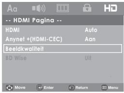 Aa HDMI HDMI Anynet +(HDMI-CEC) Beeldkwaliteit BD Wise Auto Aan Uit Move Enter Return Menu