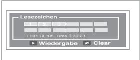 Leszeichen 1 2 3 TT:01 CH:05 Time 0:39:23 Wiedergabe √ Clear