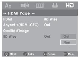 -- HDMI Page -- HDMI BD Wise Anynet +(HDMI-CEC) Oui Qualité d'Image BD Wise Oui Oui Non Move Enter Return Menu