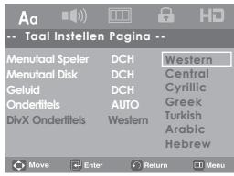 Taal Instellen Page Menutaal Speler DCH Western Menutaal Disk DCH Central Geluid DCH Cyrillic Ondertitels AUTO Greek DivX Ondertitels-Western Turkish Arabic Hebrew