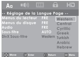 -- Réglage de la Langue Page -- Menus du lecteur FRE Western Menus du disque FRE Central Audio FRE Cyrillic Sous-titre AUTO Greek DivX Sous-titre Western Turkish Arabic Henbrev