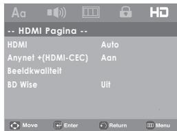 -- HDMI Página -- HDMI Auto Anynet +(HDMI-CEC) Aan Beeldkwaliteit BD Wise Uit Move Enter Return Menu