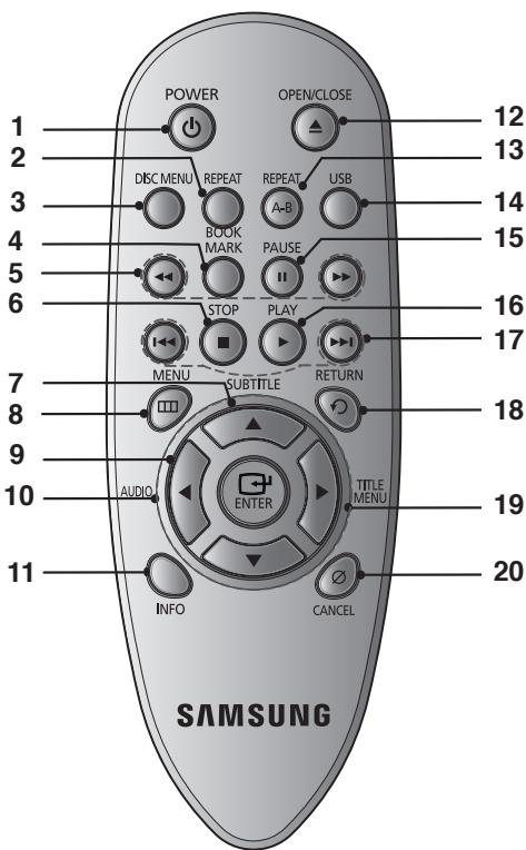 POWER OPEN/CLOSE 12 13 DISC MENU REPEAT USB 3 BOOK MARK A-B 4 PAUSE 5 STOP PLAY 6 MENU SUBTITLE RETURN 7 AUDIO ENTER TITLE MENU 8 19 10 INFO CANCEL 9 SAMSUNG 11 20