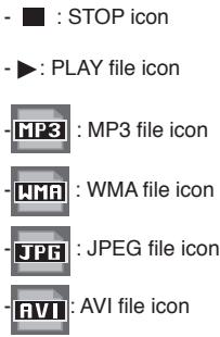 - - : STOP icon - - : PLAY file icon - MP3 : MP3 file icon - WMA : WMA file icon - JPG : JPEG file icon - AVI : AVI file icon