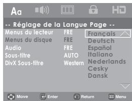 Aa -- Réglage de la Langue Page -- Menus du lecteur FRE Français Menus du disque FRE Deutsch Audio FRE Español Sous-titre AUTO Italiano DivX Sous-titre Western Nederlands Cesky Dansk Move Enter Return Menu