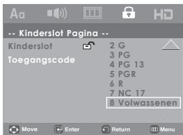 Kinderslot Paging -- Kinderslot 2 G Toegangscode 3 PG 4 PG 13 5 PGR 6 R 7 NC 17 8 Volwassenen Move Enter Return Menu