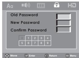 Old Password New Password Confirm Password 0 1 2 3 4 5 6 7 8 9 Move Enter Return Menu
