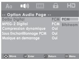 -- Option Audio Page -- Dolby Digital PCM PCM MPEG-2 Digital PCM Bitsstream Compression dynamique Oui Sous Enchantillonnage PCM Oui Musique en demarrage Oui