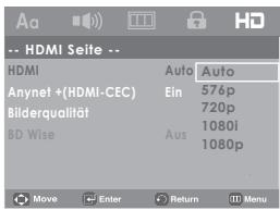 Aa HD -- HDMI Seite -- HDMI Auto Auto Anynet +(HDMI-CEC) Ein 576p Bilderqualität 720p BD Wise Aus 1080i 1080p Move Enter Return Menu