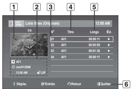SAMSUNG DVD-R170 - Éléments de l'écran de la Liste de Titres - 1