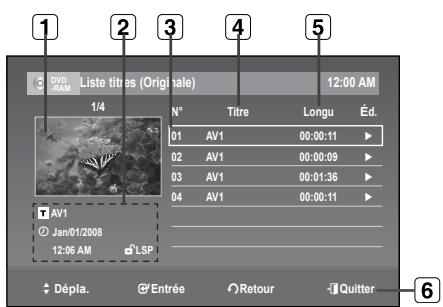 SAMSUNG DVD-R174 - Éléments de l'écran de la Liste de Titres - 1