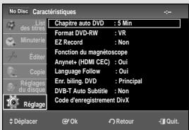 No Disc Caractéristiques Last des titles : 5 Min Format DVD-RW : VR EZ Record : Non Fonction du magnétoscope Anynet+ (HDMI CEC) : Oui Language Follow : Oui Enr. billing. DVD : Principal DVB-T Auto Subtile : Non Code d'enregistrement DivX Réglage Déplacer Op Ok Retour Quit.