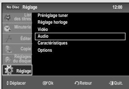 No Disc Réglage 12:00 List des titres Prégrage tuner Réglage horloge Video Audio Capacéristiques Options Copie Réglages du disquel Réglage Déplacer OK Retour -Quit