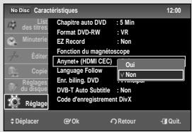 No Disc: Caractéristiques 12:00 Chapitre auto DVD : 5 Min Format DVD-RW : VR EZ Record : Non Fonction du magnétoscope Anynet+ (HDMI CEC) Out Language Follow : Non Enr. billing. DVD : Non DVB-T Auto Subtable : Non Code d'enregistrement DivX Réglage Déplacer Op Ok Retour Quit