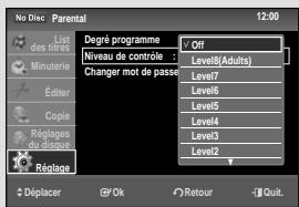 No Disc - Parental 12:00 List des titres Minuterie Editor Copie Réplages du disque Réplage Dépré programme Niveau de contrôle : Level8(Adults) Changer mot de passe : Level7 Level6 Level5 Level4 Level3 Level2 Déplacer Off Retour Quit