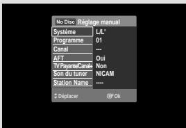 No Disc: Réglage manual Système L/L' Programme 01 Portal --- AFT Cui TI Paper/Case Non Scan du tuner NICAM Station Name --- Deplacer GF Ok