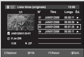 Liste titres (originale) 12:00 1/1 N° Titre Longu Ed. 01 JAN/01/2008 00:00:11 ▶ 02 JAN/01/2008 00:00:09 ▶ 03 JAN/01/2008 00:01:36 ▶ 04 JAN/01/2008 00:05:11 ▶ JAN/01/2008 01:00 AVI 01 Jan.2008 12:06 LSP Déplacer Ok Retour Quit.