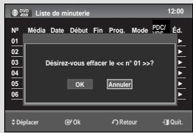 Liste de minuterie N° Média Date Début Fin Prog. Mode PDCI 01 02 03 04 05 06 Désirez-vous effacer le <= n° 01 >? OK Annuler Déplacer Ok Retour Quit.