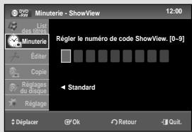 MINUTERIE - ShowView List des intérêts Minuterie Étiter Copie Réplaines du stroque Réplage Régler le numéro de code ShowView. [0-9] Standard Déplacer @'Ok Rélour Quit.