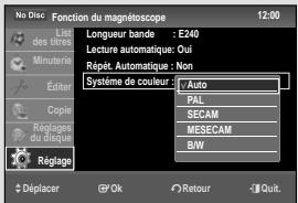 No Disc Fonction du magnétoscope 12:00 L'art des titres Longueur bande : E240 Lecture automatique : Oui Répart. Automatique : Non Système de couleur : Auto PAL SECAM MESECAM BW Réplage Réglage Déplacer OK Retour Quit